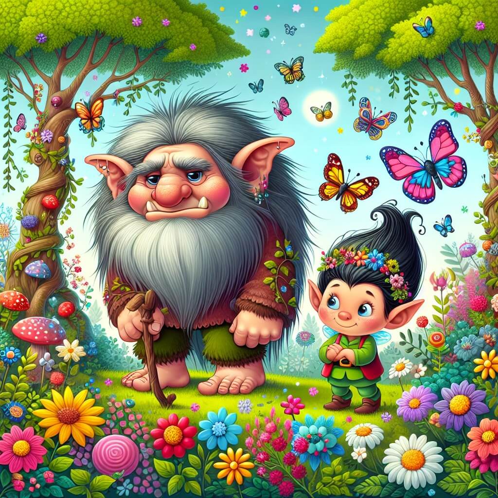 Une illustration destinée aux enfants représentant un troll grincheux et maladroit, accompagné d'un petit elfe curieux, dans un magnifique jardin enchanté rempli de fleurs multicolores, arbres majestueux et papillons virevoltants.