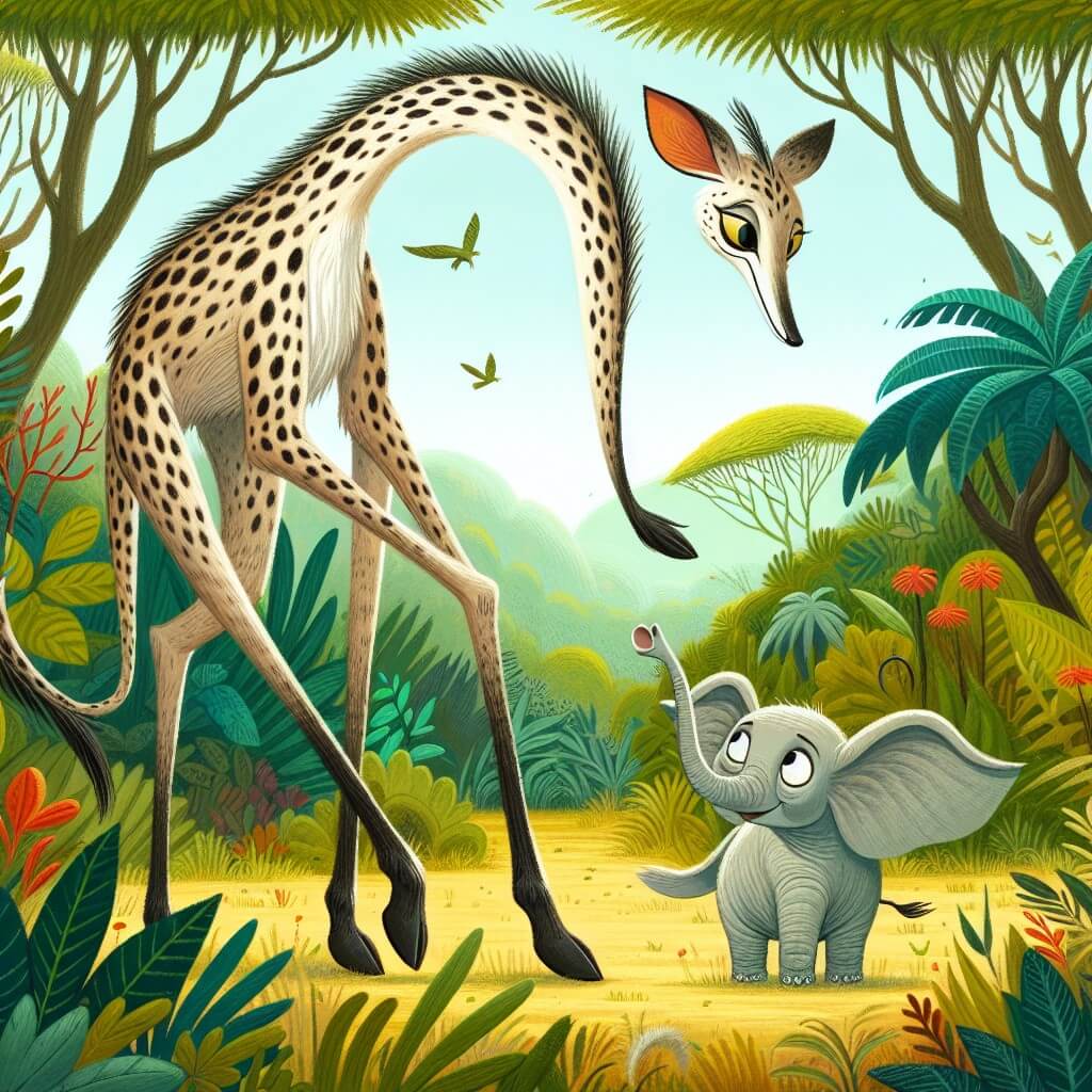 Une illustration destinée aux enfants représentant une gracieuse créature à la peau tachetée, aux longues jambes élégantes, se tenant au milieu d'une luxuriante jungle africaine, où elle rencontre un petit éléphant triste avec de grandes oreilles, créant ainsi une amitié inattendue et une aventure palpitante.