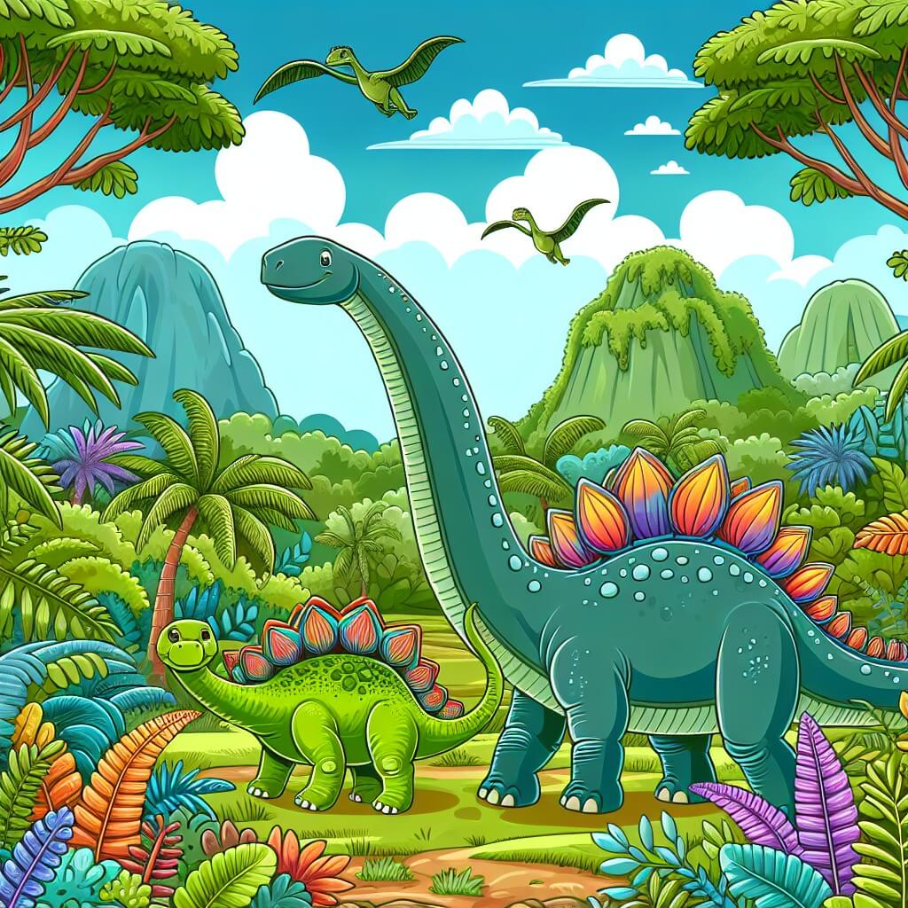 Une illustration destinée aux enfants représentant un majestueux diplodocus se retrouvant dans une aventure palpitante avec un adorable bébé stégosaure, au cœur d'une luxuriante et colorée jungle jurassique.