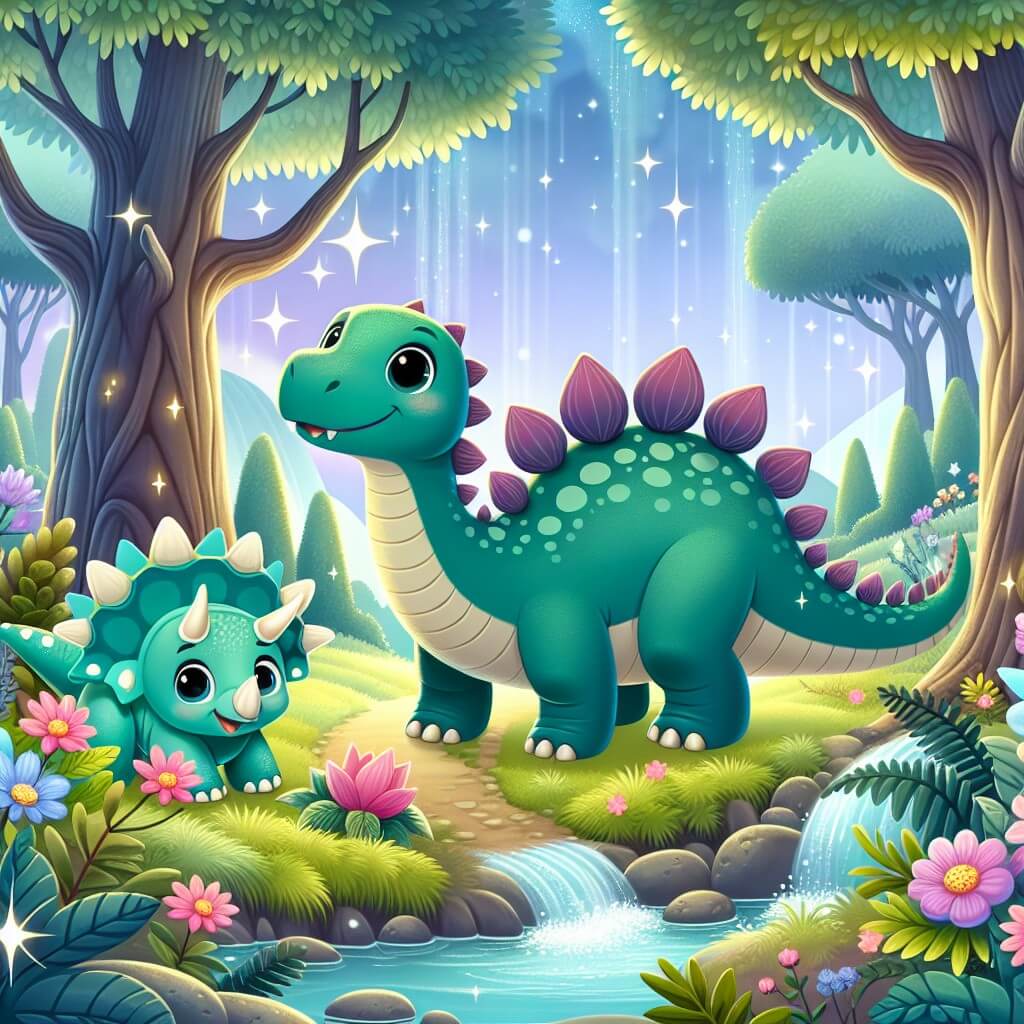 Une illustration destinée aux enfants représentant un adorable stégosaure curieux, se trouvant dans un mystérieux bosquet enchanté, accompagné d'un triceratops joyeux, dans un paysage luxuriant rempli d'arbres géants, de fleurs colorées et de ruisseaux scintillants.