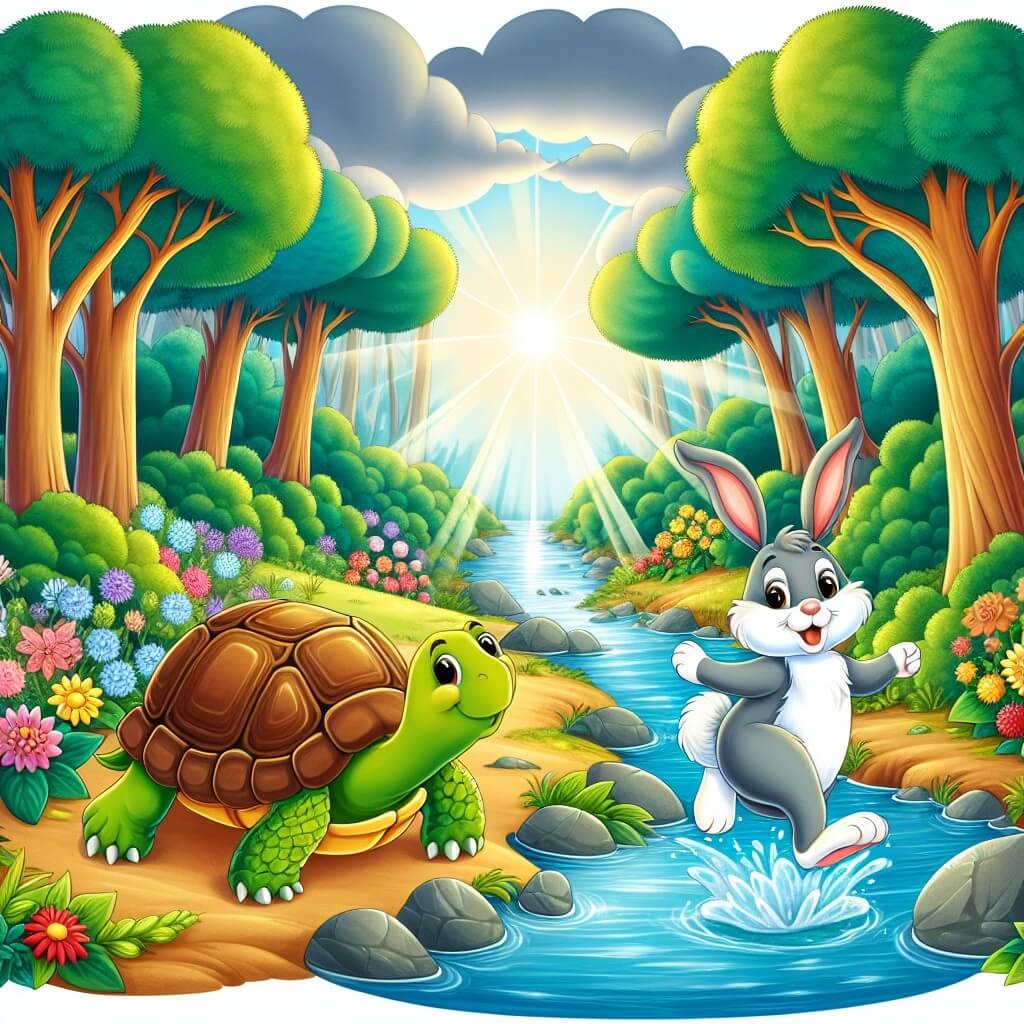 Une illustration destinée aux enfants représentant une tortue curieuse et timide qui se retrouve embarquée dans une aventure palpitante avec une liebre joyeuse, dans un magnifique bosque avec des arbres majestueux, des fleurs colorées et un ruisseau étincelant.