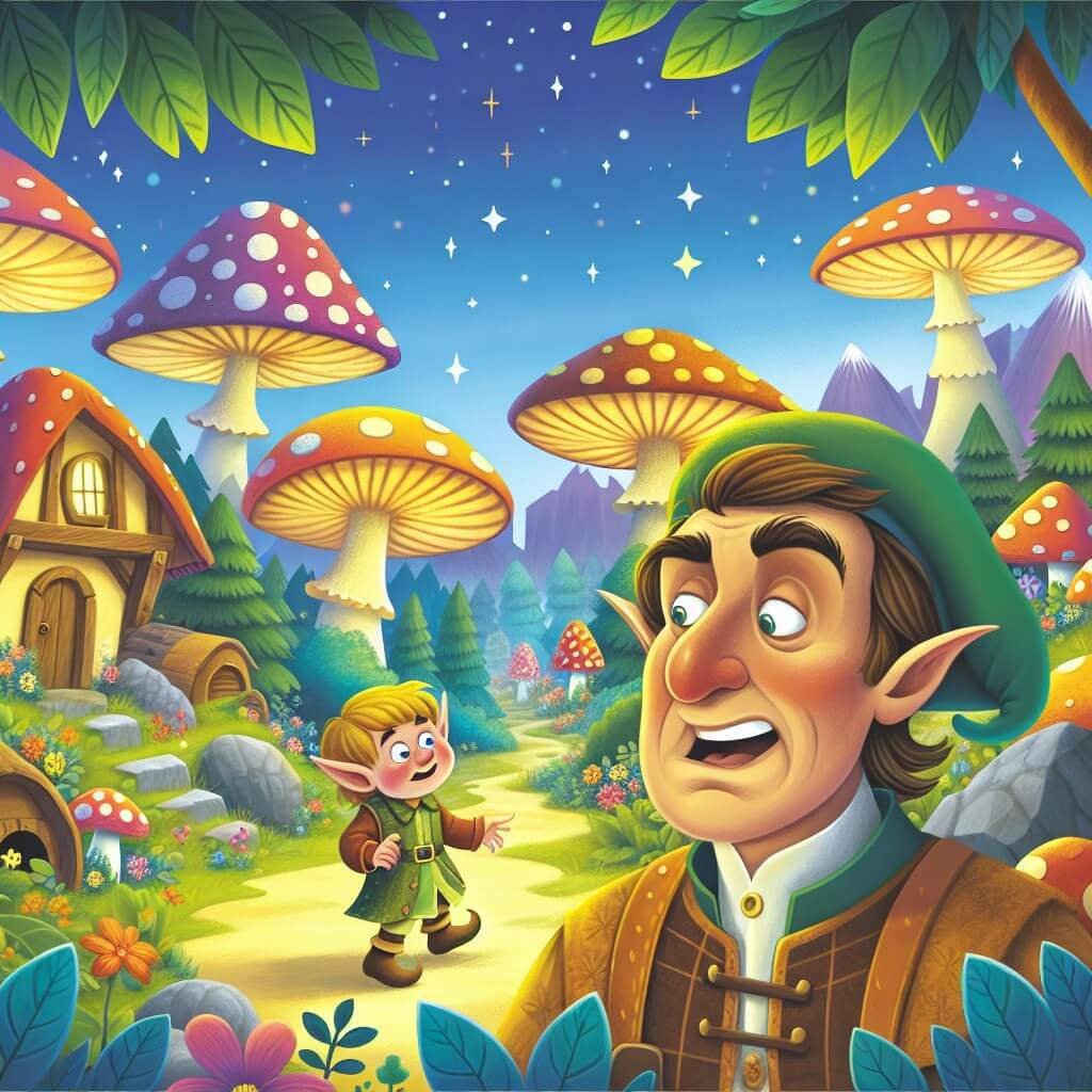 Une illustration destinée aux enfants représentant un lutin malicieux, se retrouvant dans une situation hilarante avec son ami imaginaire, dans un village coloré rempli de champignons géants et d'arbres enchantés.