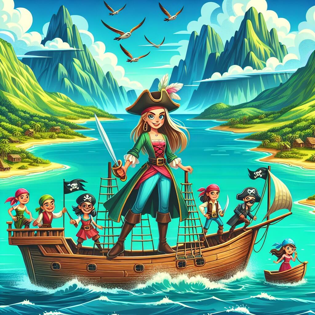 Une illustration destinée aux enfants représentant une femme pirate courageuse, debout sur un vieux bateau en bois, entourée de ses amis pirates et naviguant sur une mer turquoise parsemée d'îles verdoyantes et de montagnes majestueuses.
