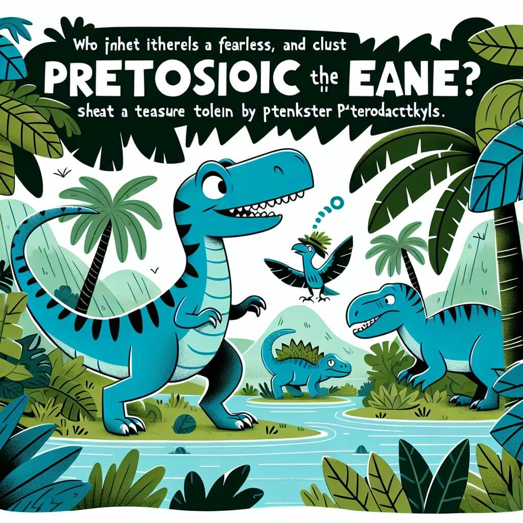 Une illustration destinée aux enfants représentant un vélociraptor bleu, intrépide et curieux, se retrouvant dans une jungle jurassique luxuriante, accompagné de ses amis, à la recherche d'un mystérieux trésor volé par des pterodactyles farceurs.