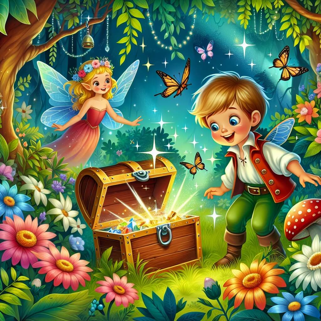 Une illustration destinée aux enfants représentant un petit garçon intrépide, découvrant un mystérieux trésor dans un vieux coffre, accompagné d'une fée étincelante, dans un luxuriant et enchanté bosquet de fées, où les fleurs dansent et les papillons chantent.