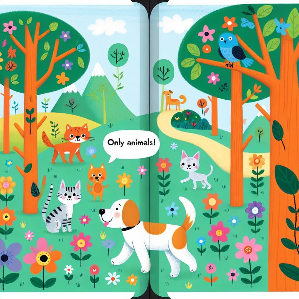 Une illustration destinée aux enfants représentant un chien curieux et joueur qui se lance dans une aventure palpitante avec ses amis animaux, dans un bosquet enchanté rempli de fleurs multicolores et d'arbres parlants.