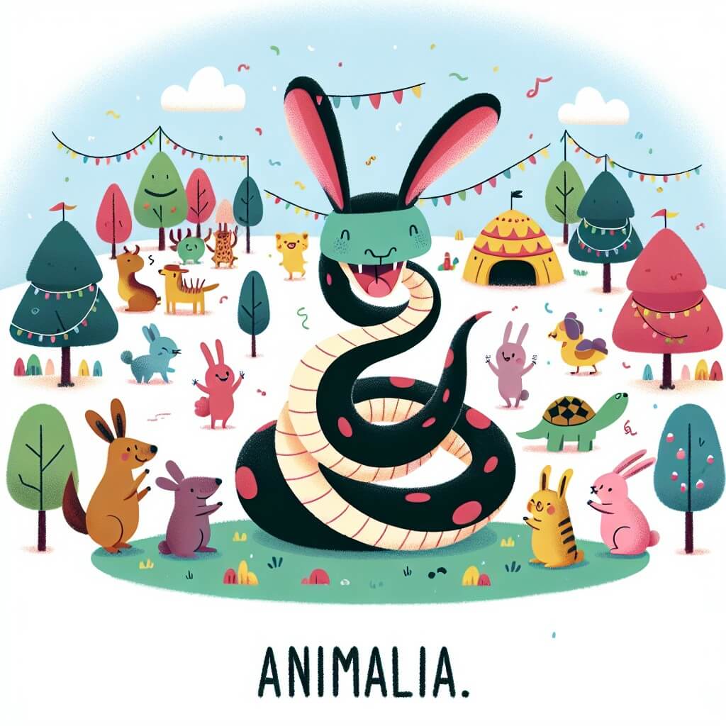 Une illustration destinée aux enfants représentant un serpent espiègle et unique en son genre, se retrouvant déguisé en lapin lors d'une joyeuse fête dans une petite ville animale appelée Animália, entourée d'arbres colorés et d'une ambiance festive.