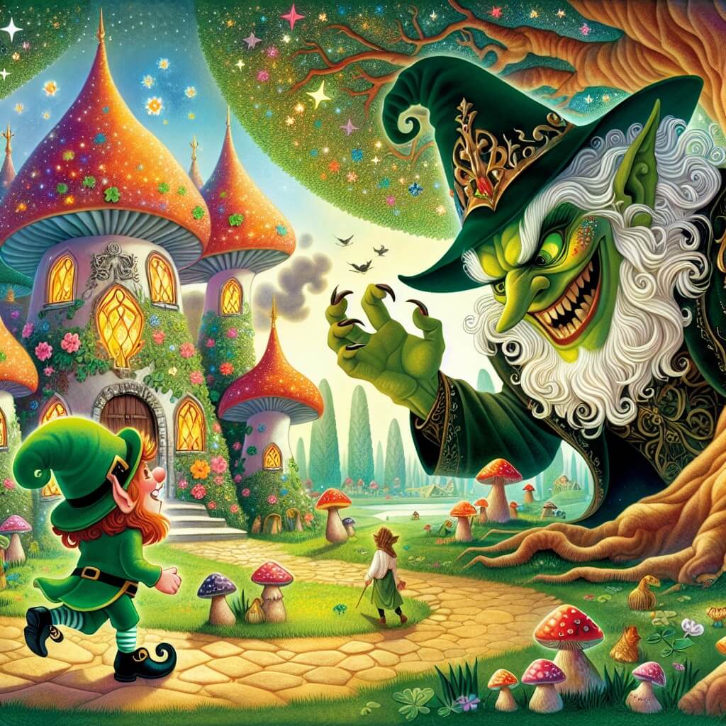 Une illustration destinée aux enfants représentant un lutin farceur et espiègle, qui se retrouve face à un méchant duende, dans le magnifique royaume de Lutolandia, avec ses maisons de champignons colorés et ses arbres géants aux feuilles chatoyantes.
