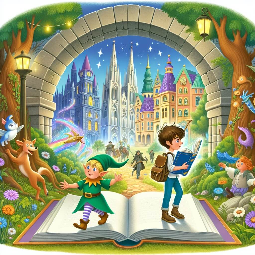 Une illustration destinée aux enfants représentant un petit garçon curieux et rêveur, découvrant un livre magique abandonné dans un parc verdoyant, où il rencontre un espiègle lutin vêtu de vert et ensemble, ils traversent un portail enchanté vers un monde urbain fantastique rempli de créatures magiques et de bâtiments féériques aux couleurs chatoyantes.