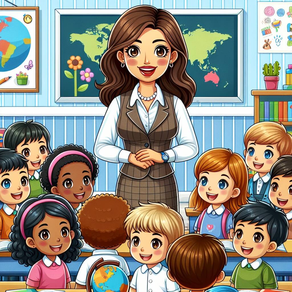 Une illustration destinée aux enfants représentant une institutrice souriante, entourée de ses élèves curieux, dans une charmante salle de classe remplie de livres colorés, de jouets éducatifs et de dessins accrochés aux murs.