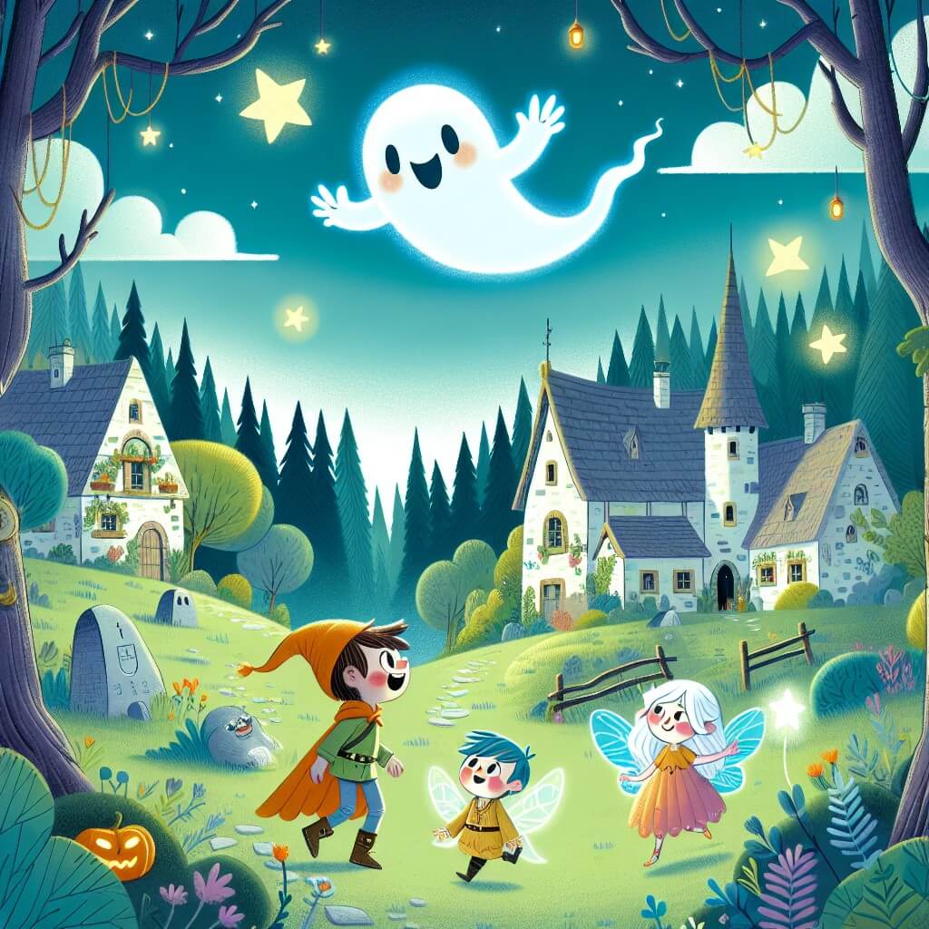 Une illustration destinée aux enfants représentant un petit fantôme joyeux et lumineux, flottant au-dessus d'un paisible village entouré d'un mystérieux bois enchanté, où il fait la rencontre d'un enfant aventurier et d'une malicieuse fée nommée Luna, tous trois embarqués dans une quête magique à la recherche d'un talisman pour libérer les fantômes du sort qui les emprisonne.