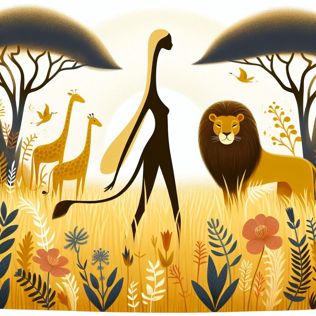 Une illustration destinée aux enfants représentant une silhouette gracile avec un long cou parmi les hautes herbes dorées de la savane africaine, accompagnée d'un fier lion et entourée de fleurs exotiques et d'arbres majestueux, évoquant ainsi une histoire d'animaux pleine d'aventure et de magie.
