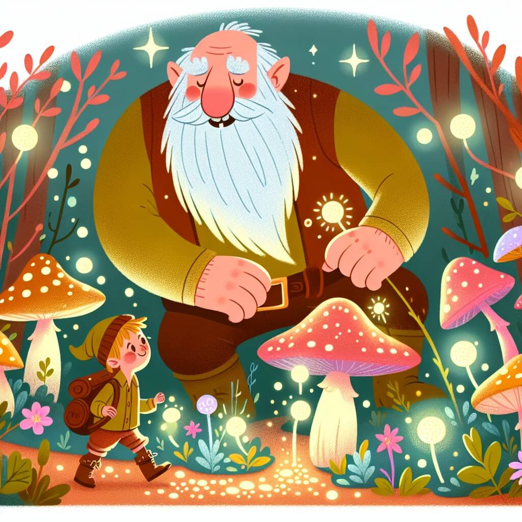 Une illustration destinée aux enfants représentant un géant bienveillant, vivant dans une forêt enchantée remplie de champignons lumineux et de fleurs étincelantes, qui rencontre un jeune explorateur intrépide et les deux partent à la recherche d'un trésor caché pour protéger leur monde fantastique.