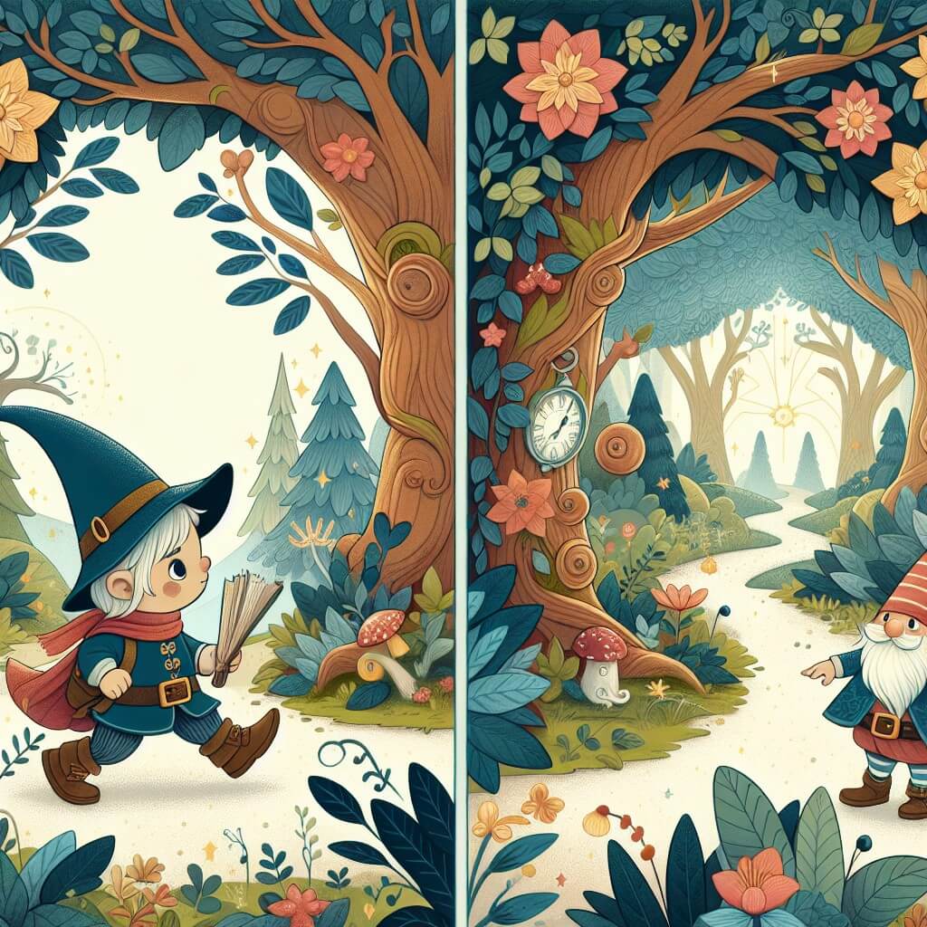Une illustration destinée aux enfants représentant un jeune apprenti sorcier, plongé dans une aventure fantastique, accompagné d'un petit duende espiègle, à la recherche des trésors magiques cachés dans le magnifique Bosque de las Maravillas, rempli d'arbres parlants et de fleurs resplendissantes.