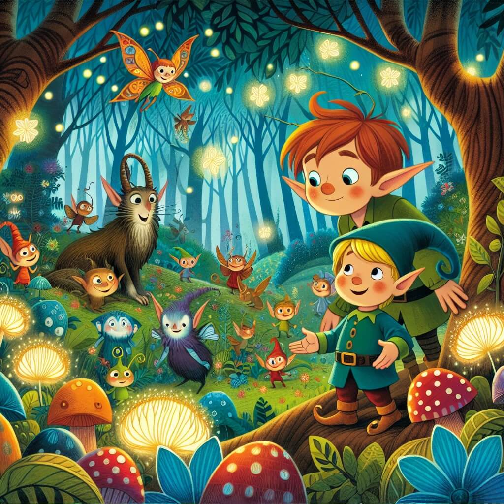 Une illustration destinée aux enfants représentant un elfe espiègle, accompagné d'un petit garçon curieux, découvrant un monde enchanté rempli de créatures rigolotes, dans un bosquet enchanté aux arbres majestueux et aux fleurs lumineuses.