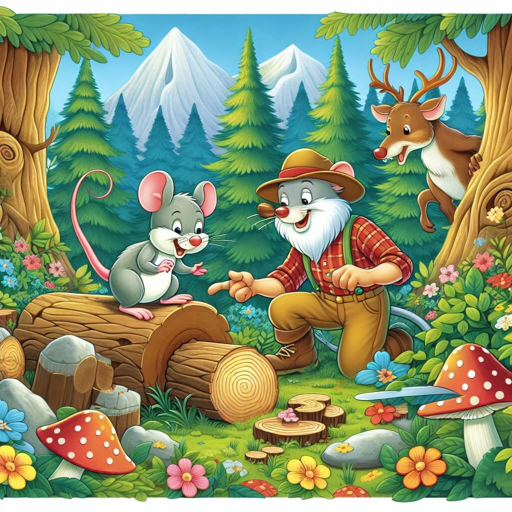 Une illustration destinée aux enfants représentant une souris espiègle se retrouvant dans une situation hilarante avec un bûcheron sympathique dans une forêt enchantée remplie d'arbres majestueux et de fleurs colorées.