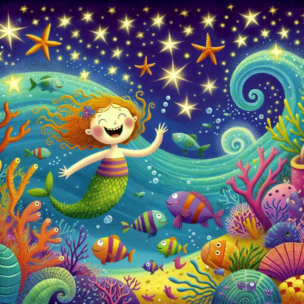 Une illustration destinée aux enfants représentant une sirène joyeuse et espiègle qui fait la rencontre d'une bande de poissons farceurs dans un monde sous-marin rempli de coraux colorés, d'étoiles de mer étincelantes et de vagues dansantes.