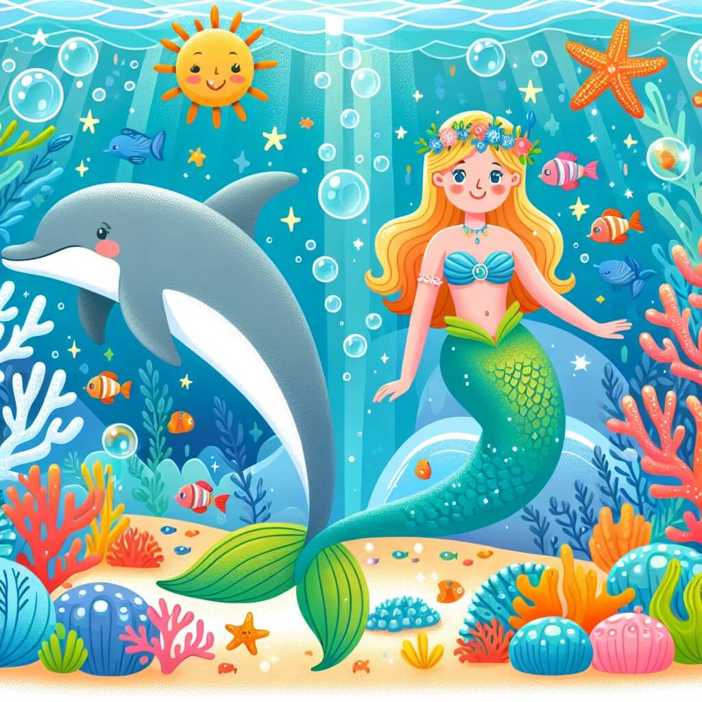 Une illustration destinée aux enfants représentant une magnifique sirène explorant les profondeurs de l'océan, accompagnée d'un dauphin joueur, dans un royaume sous-marin rempli de coraux colorés, d'étoiles de mer scintillantes et de poissons exotiques.
