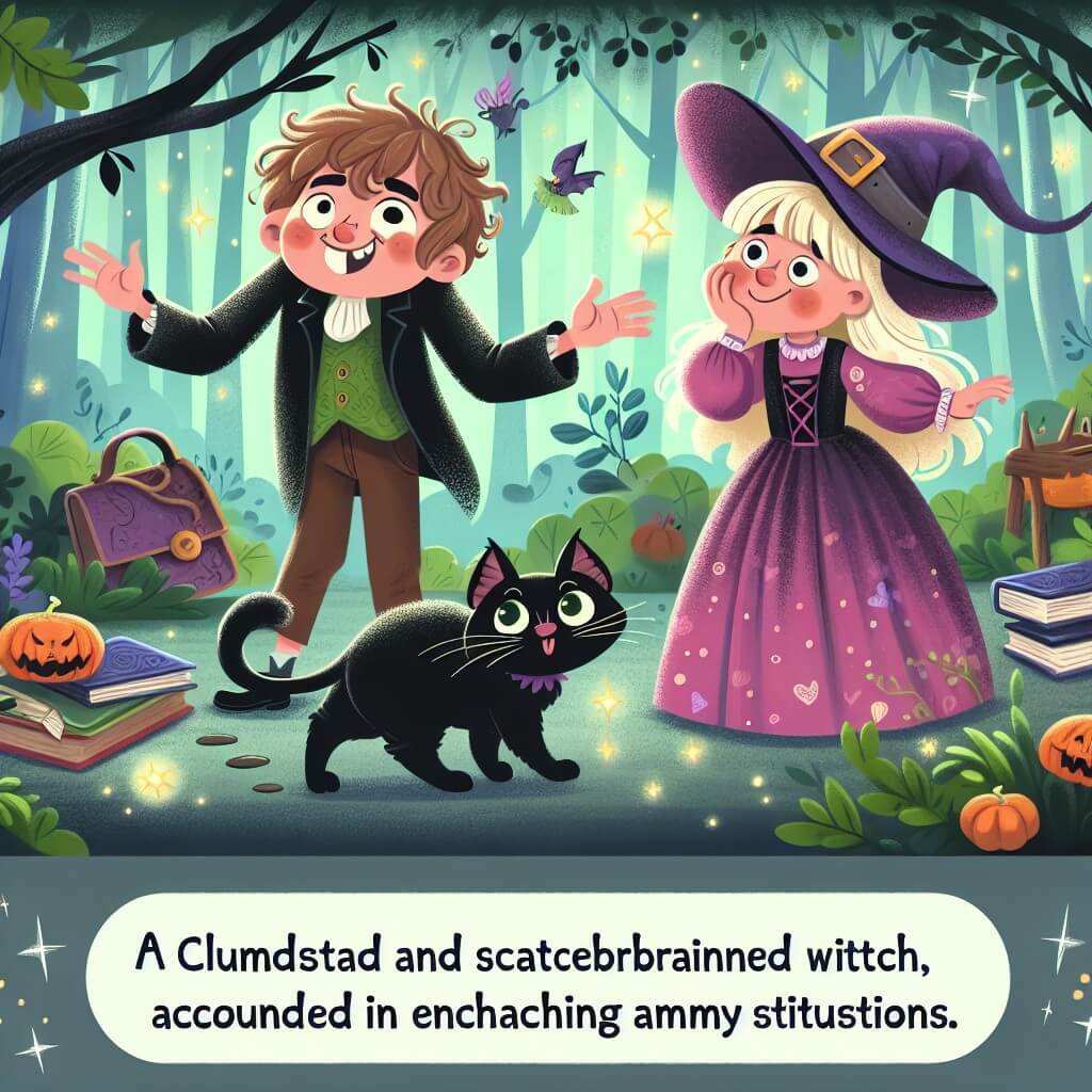 Une illustration destinée aux enfants représentant une sorcière maladroite et étourdie, dans une forêt enchantée, accompagnée d'un chat noir espiègle, se retrouvant dans des situations ensorcelantes et amusantes.