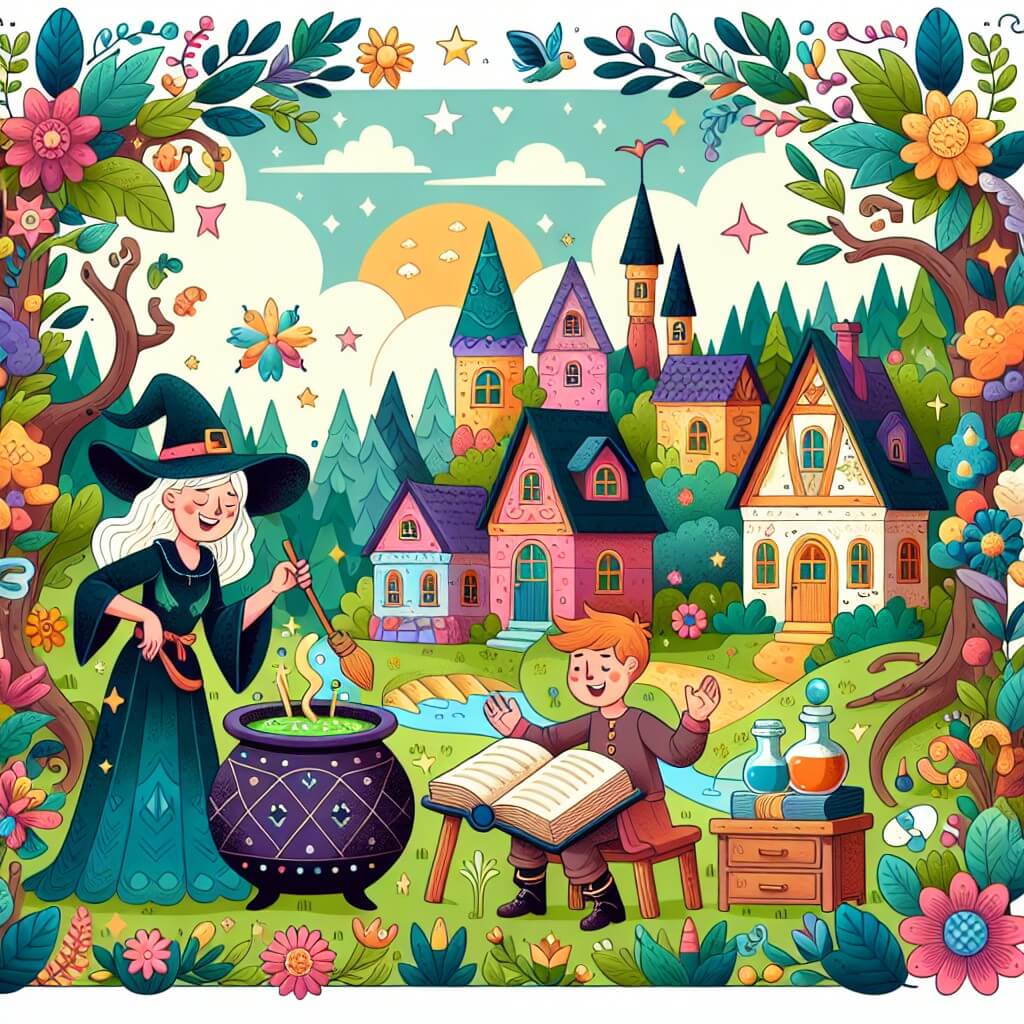 Une illustration destinée aux enfants représentant une sorcière espiègle et joyeuse concoctant des sorts hilarants avec l'aide d'un jeune apprenti magicien, dans un village enchanteur niché au cœur d'une forêt luxuriante, où les maisons colorées sont entourées de fleurs magiques et d'arbres aux branches dansantes.