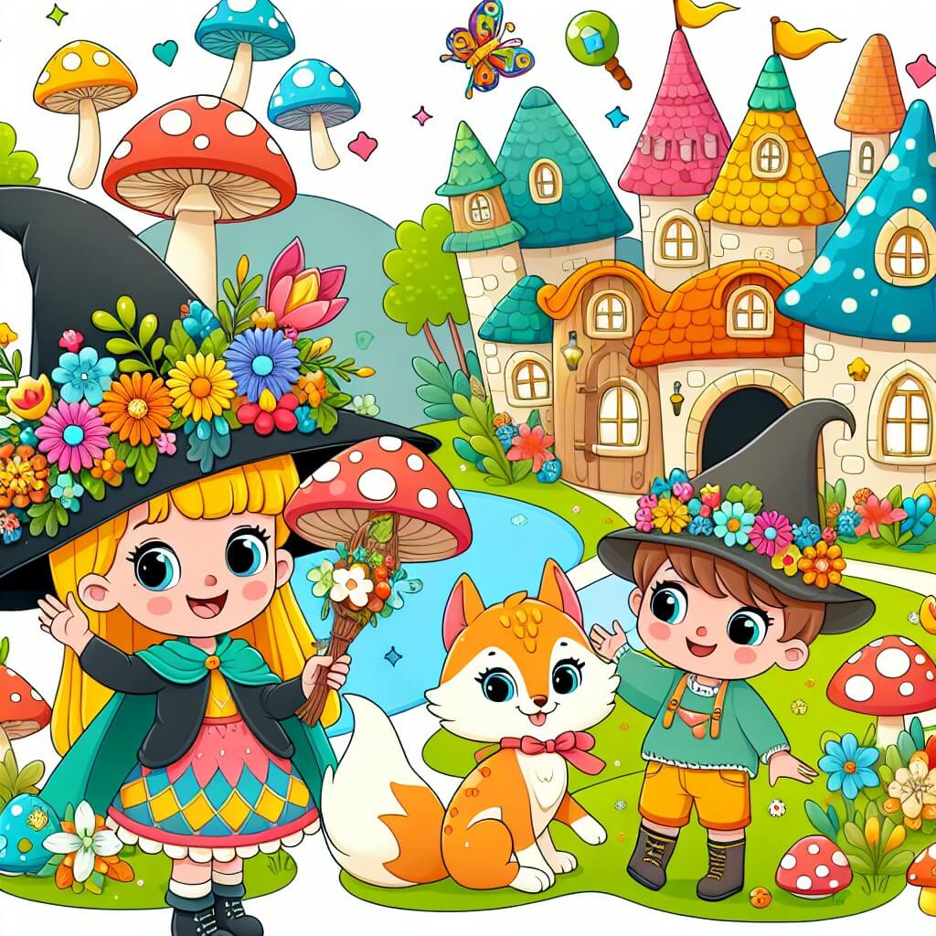 Une illustration destinée aux enfants représentant une sorcière espiègle, une situation magique, un ami animal adorable et un village enchanté rempli de maisons en forme de champignons colorés et de fleurs lumineuses.