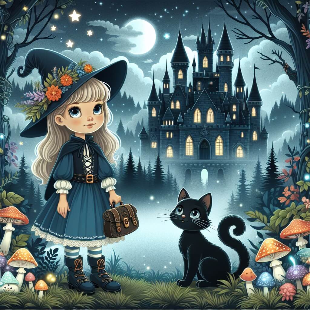 Une illustration destinée aux enfants représentant une sorcière intrépide, accompagnée d'un adorable chat noir, se tenant devant un majestueux château hanté, entouré d'un épais brouillard mystique, dans une forêt enchantée remplie de champignons lumineux et de fleurs magiques.