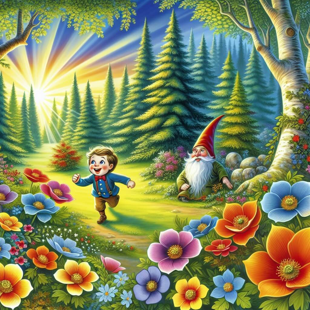 Une illustration destinée aux enfants représentant un petit garçon joyeux, en train de chercher le cadeau parfait pour sa maman, accompagné d'un mystérieux duende dans une forêt enchantée, où les arbres sont grands et majestueux, et les fleurs brillent de couleurs éclatantes.