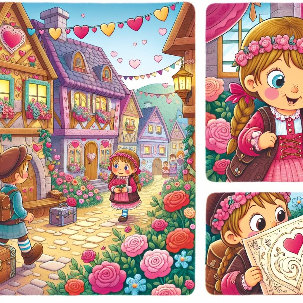 Une illustration destinée aux enfants représentant une petite fille curieuse et espiègle, se trouvant dans un village coloré et joyeux, avec des rues ornées de cœurs et de fleurs, et découvrant un mystérieux message lors de la célébration du jour de Saint-Valentin, avec peut-être un meilleur ami à ses côtés.