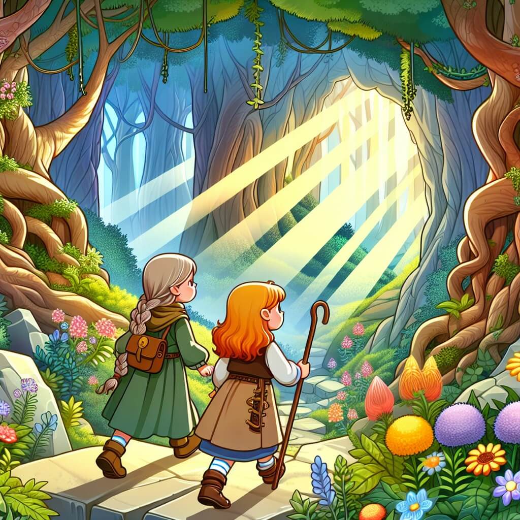 Une illustration destinée aux enfants représentant une petite fille courageuse et curieuse, se lançant dans une quête épique avec sa meilleure amie, à travers un mystérieux et enchanteur labyrinthe, dans le cœur d'un bois dense rempli de fleurs colorées, d'arbres majestueux et de rayons de soleil filtrant à travers les feuilles.