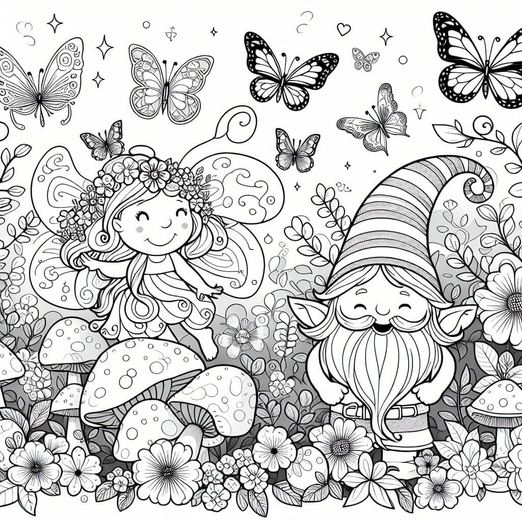 Une illustration destinée aux enfants représentant une fée espiègle, accompagnée d'un lutin farceur, dans un jardin enchanté rempli de fleurs multicolores, papillons virevoltants et champignons lumineux.