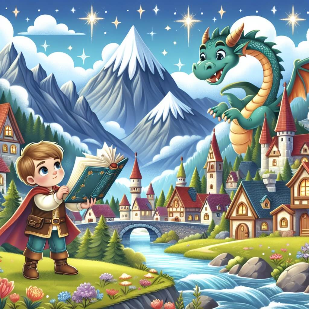 Une illustration destinée aux enfants représentant un petit garçon intrépide, découvrant un livre mystérieux, accompagné d'un dragon enjoué, dans un village enchanteur entouré de montagnes majestueuses et de rivières scintillantes.