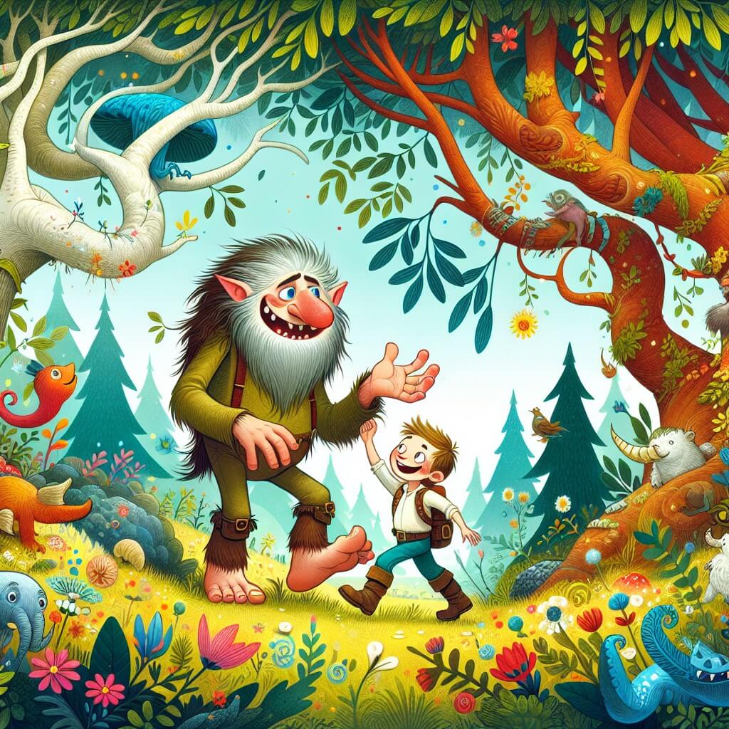 Une illustration destinée aux enfants représentant un troll espiègle et farfelu qui se lie d'amitié avec un jeune explorateur, alors qu'ils cherchent ensemble un trésor magique dans un vaste et enchanteur bosquet rempli d'arbres majestueux, de fleurs colorées et de créatures fantastiques.