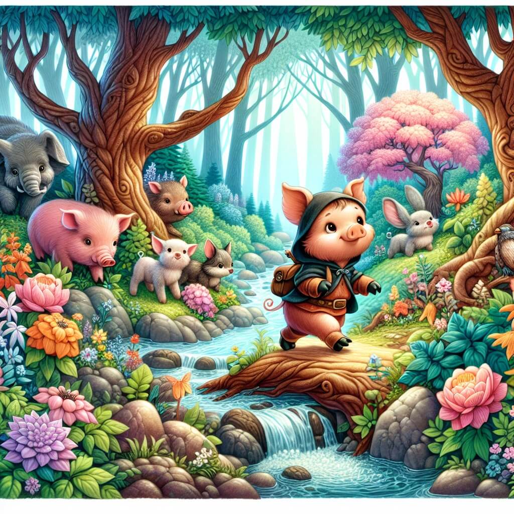 Une illustration destinée aux enfants représentant un petit cochon aventureux, accompagné de ses amis animaux, dans une forêt enchantée remplie de fleurs colorées, d'arbres majestueux et d'un ruisseau cristallin, cherchant un mystérieux trésor.