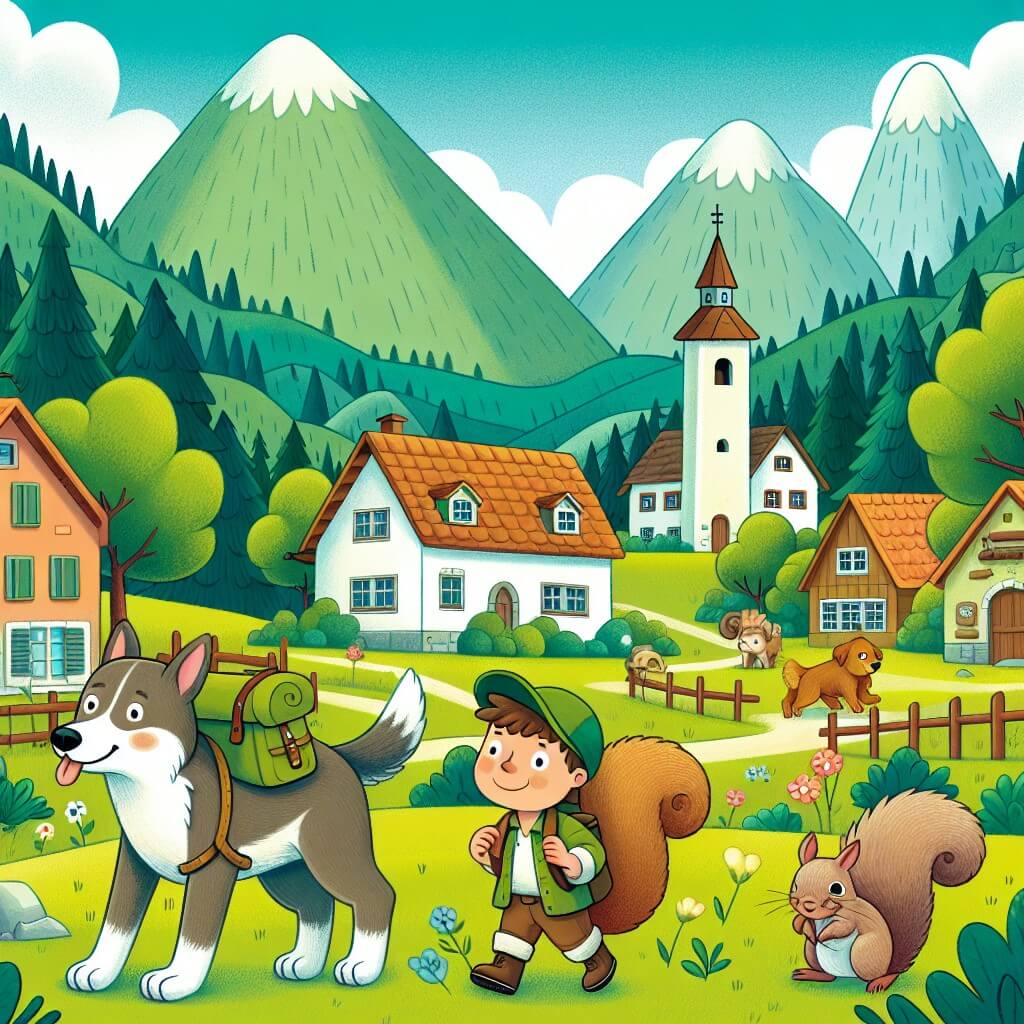 Une illustration destinée aux enfants représentant un chien aventurier, accompagné d'une ardilla espiègle, explorant un village pittoresque entouré de montagnes verdoyantes.