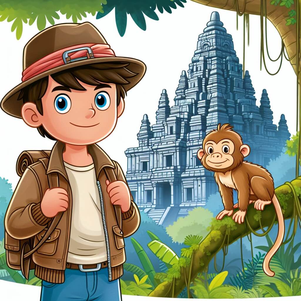 Une illustration destinée aux enfants représentant un homme intrépide, vêtu d'un chapeau en cuir et d'une veste usée, se tenant devant les ruines majestueuses d'une cité perdue dans la jungle dense, tandis qu'un singe curieux observe depuis les branches d'un arbre centenaire.