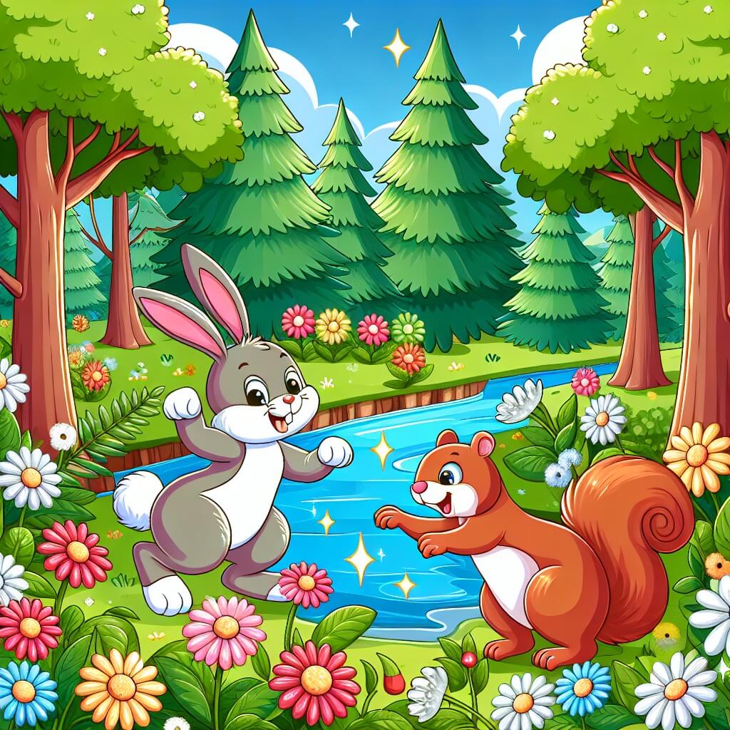 Une illustration destinée aux enfants représentant un charmant lapin facétieux, en train de faire une farce à un écureuil, dans un magnifique jardin fleuri entouré de grands arbres verdoyants et d'une rivière étincelante.