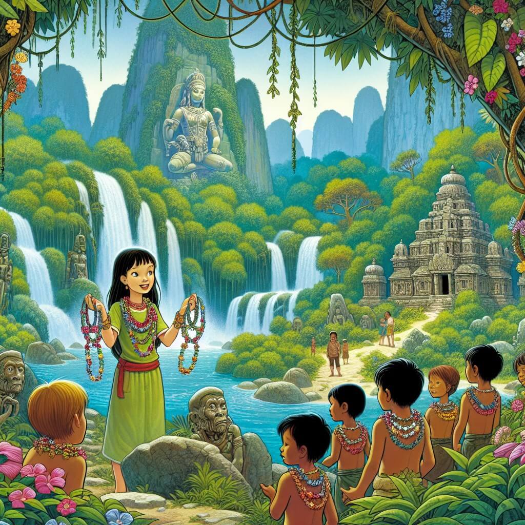 Une illustration destinée aux enfants représentant une femme archéologue, passionnée d'aventures, qui fait la découverte d'une ancienne cité perdue dans une dense jungle verdoyante, accompagnée de jeunes enfants indigènes portant des colliers de fleurs multicolores, dans un décor rempli de cascades cristallines, de végétation luxuriante et de statues anciennes recouvertes de lianes.