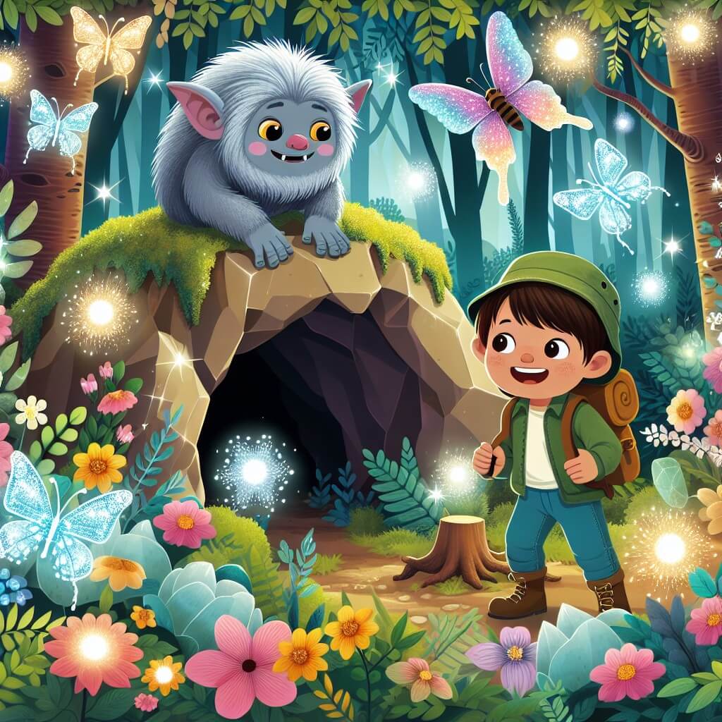 Une illustration destinée aux enfants représentant un troll curieux, accompagné d'un jeune explorateur, découvrant une grotte étincelante cachée au cœur d'une forêt enchantée remplie de fleurs lumineuses et de papillons aux ailes chatoyantes.