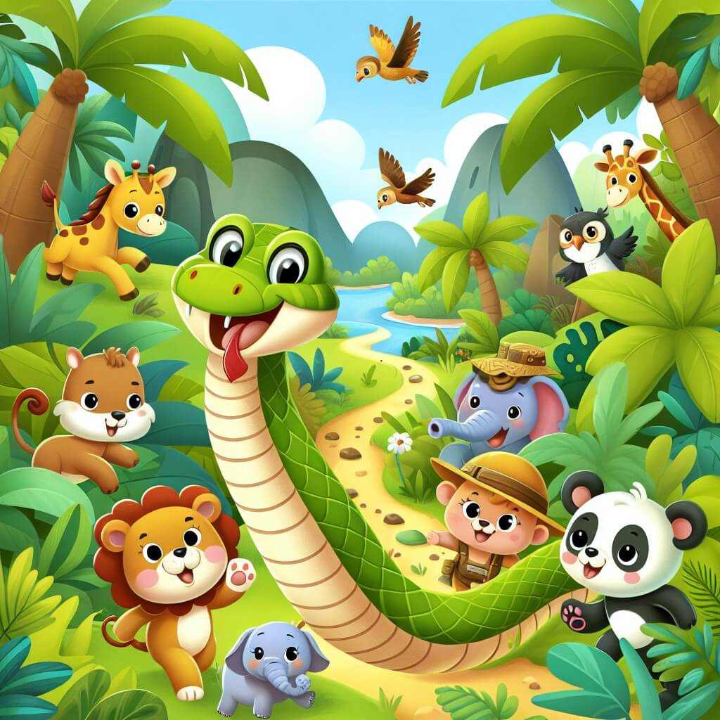Une illustration destinée aux enfants représentant une serpente joyeuse et espiègle, accompagnée d'animaux amis, explorant une jungle luxuriante à la recherche d'un trésor caché.