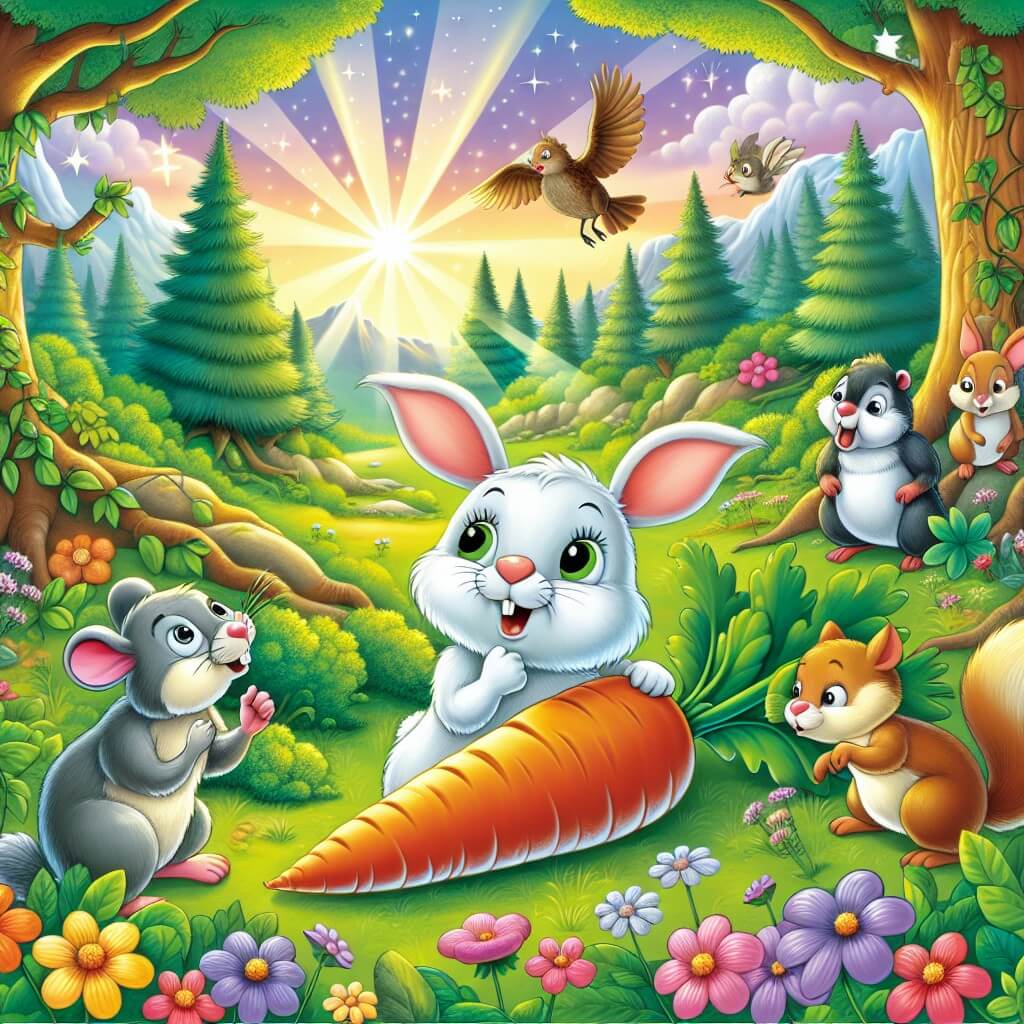 Une illustration destinée aux enfants représentant un mignon lapin blanc, plein de curiosité, qui se retrouve dans une forêt enchantée peuplée d'animaux rigolos, tels qu'une souris intelligente, une ardilla inquiète et un oiseau bavard, tous ensemble à la recherche d'une zanahoria gigante, dans un paysage verdoyant et coloré rempli d'arbres majestueux et de fleurs éclatantes.