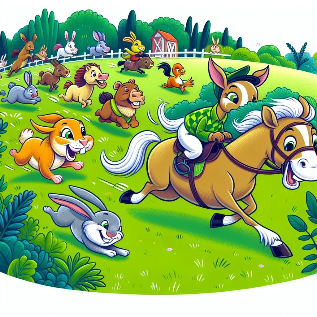 Une illustration destinée aux enfants représentant un cheval plein de malice, accompagné d'un joyeux lapin, se déroulant dans un prado verdoyant où d'autres animaux se rassemblent pour participer à une compétition de course hilarante.
