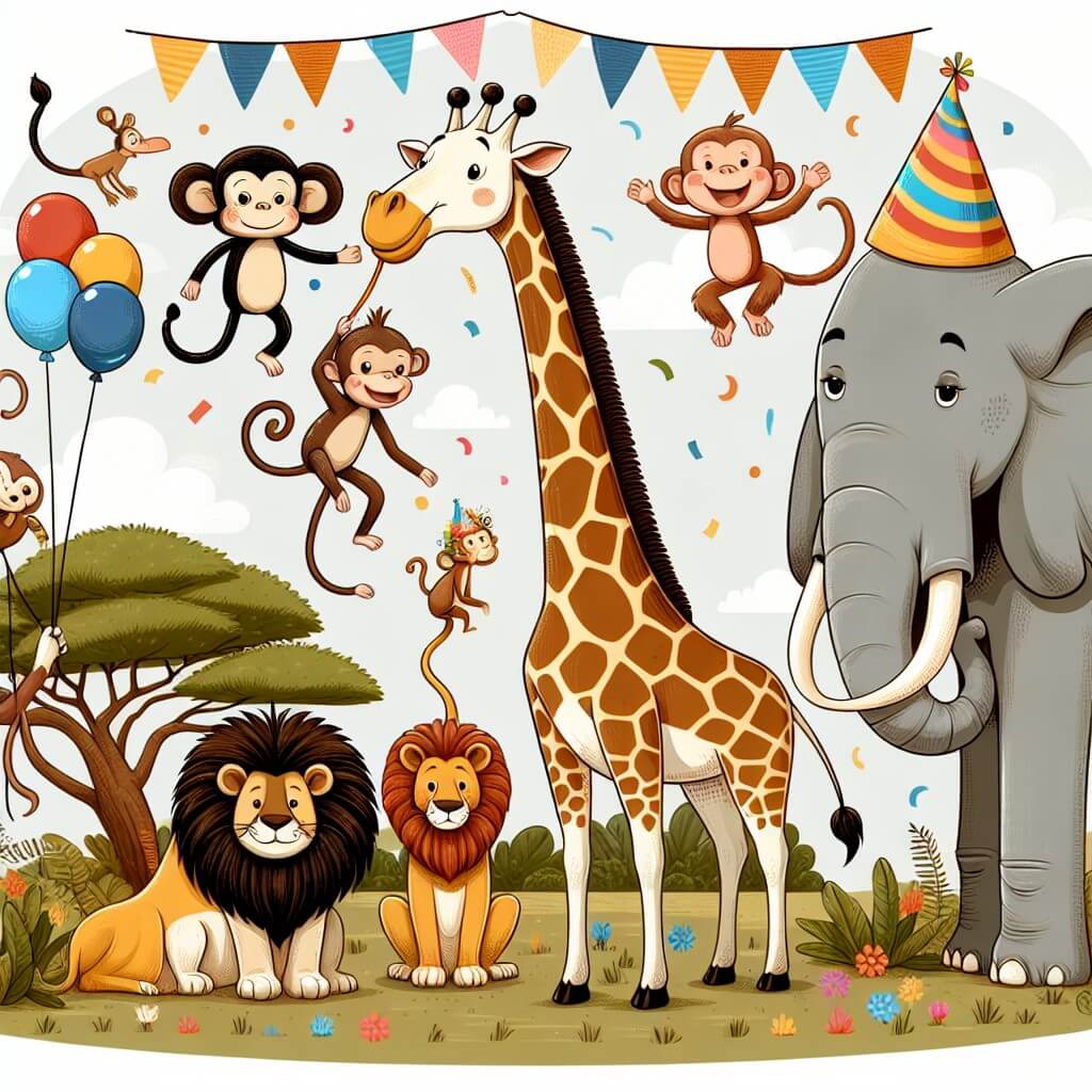 Une illustration destinée aux enfants représentant une girafe élégante et haute avec un long cou, se trouvant dans la savane africaine, entourée d'amis animaux tels qu'un singe espiègle, une lionne majestueuse et un éléphant jovial, tous réunis pour une fête d'anniversaire joyeuse et colorée.