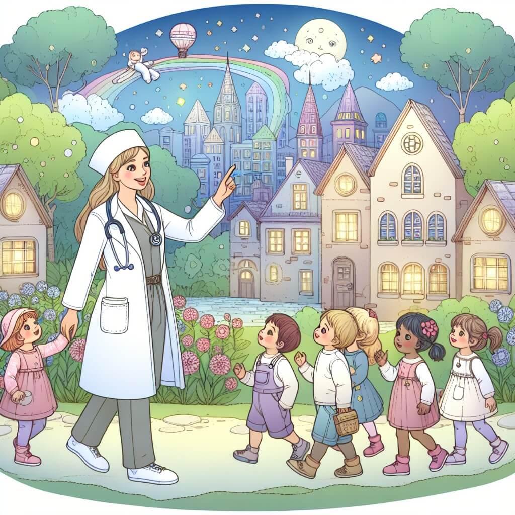Une illustration destinée aux enfants représentant une femme médecin courageuse et bienveillante, accompagnée d'un groupe d'enfants rêveurs, explorant les mystères d'un hôpital lumineux situé au cœur d'une petite ville verdoyante.