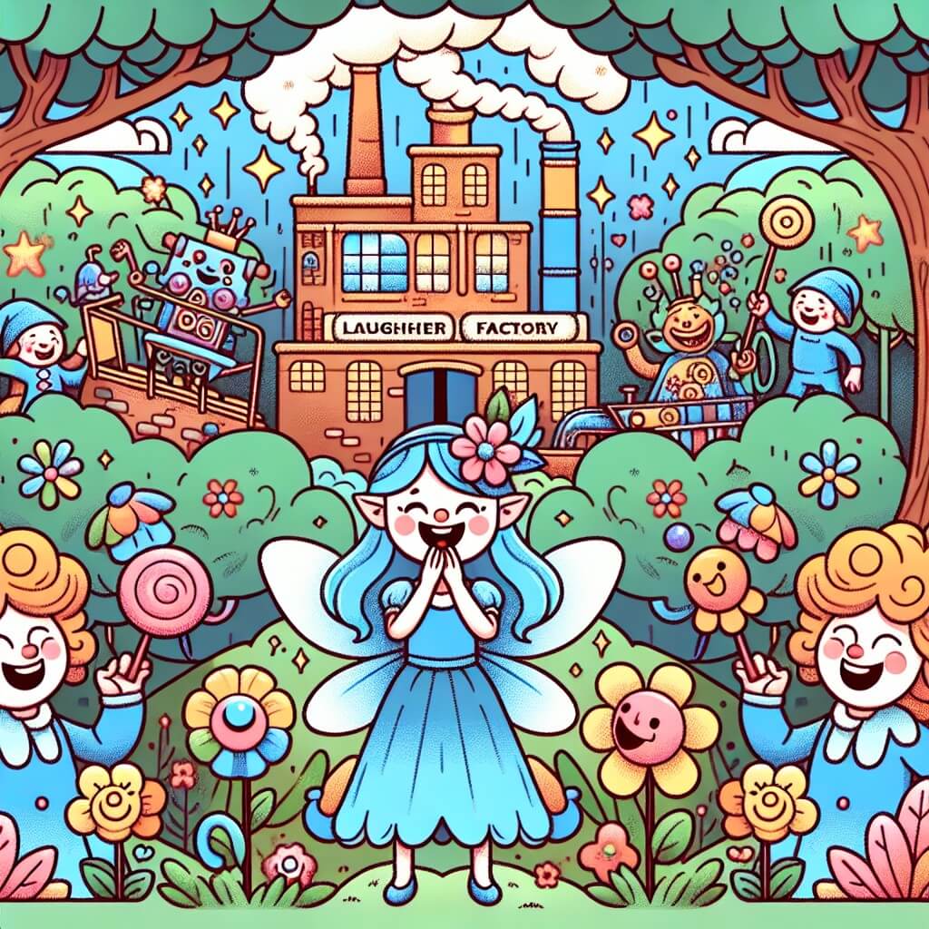 Une illustration destinée aux enfants représentant une fée espiègle aux cheveux bleus, se retrouvant dans une fábrica de risas débordante de machines rigolotes, entourée d'un magnifique bosque rempli d'arbres de caramelos et de fleurs riantes.
