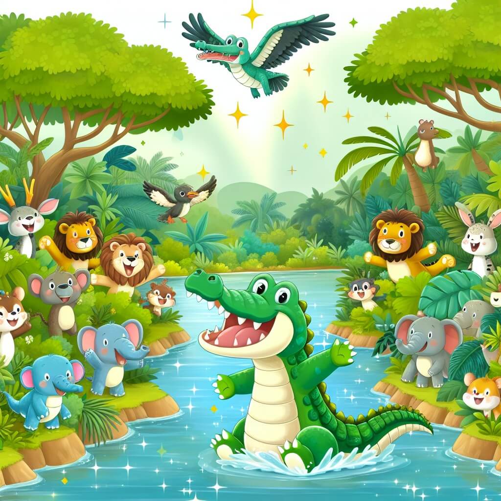 Une illustration destinée aux enfants représentant un joyeux crocodile dans une jungle luxuriante, accompagné de ses amis animaux, organisant une grande fête au bord d'une rivière scintillante.