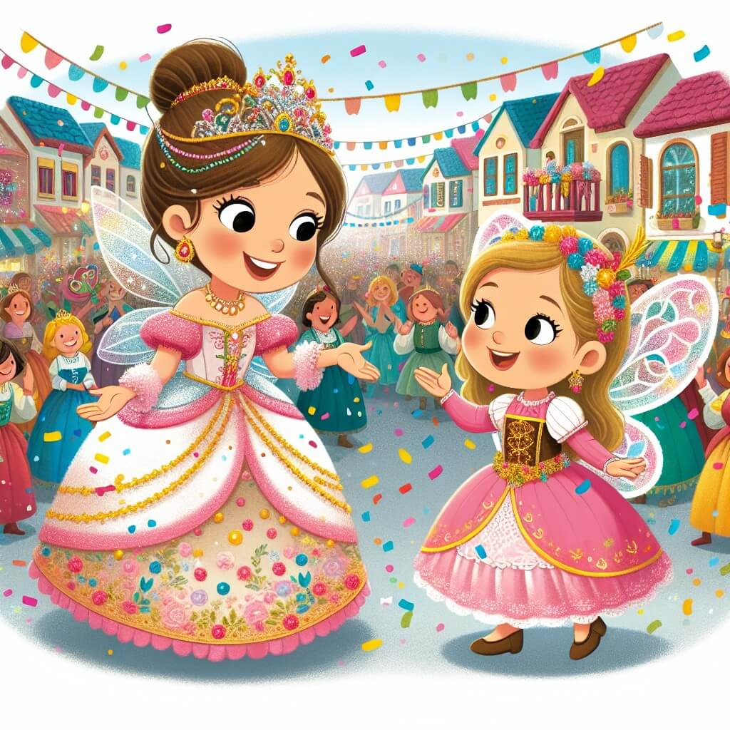 Une illustration destinée aux enfants représentant une petite fille rayonnante, vêtue d'un somptueux costume de princesse, qui rencontre une voisine déguisée en fée, dans un vibrant village en fête où les rues sont remplies de confettis multicolores et de sourires éclatants.