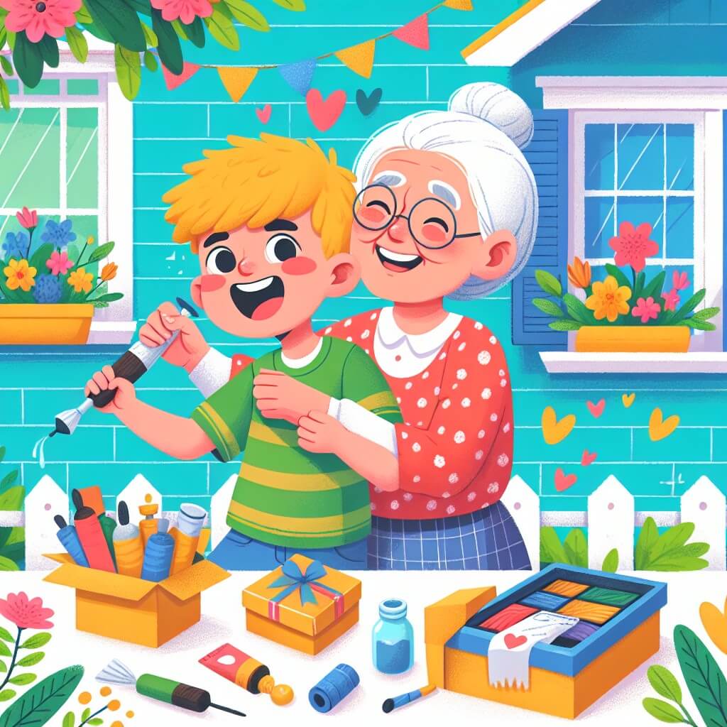 Une illustration destinée aux enfants représentant un petit garçon plein d'enthousiasme et d'imagination, qui prépare une surprise pour son papa lors de la fête des pères, avec l'aide de sa joyeuse grand-mère, dans une charmante maison aux murs colorés et aux jardins fleuris.