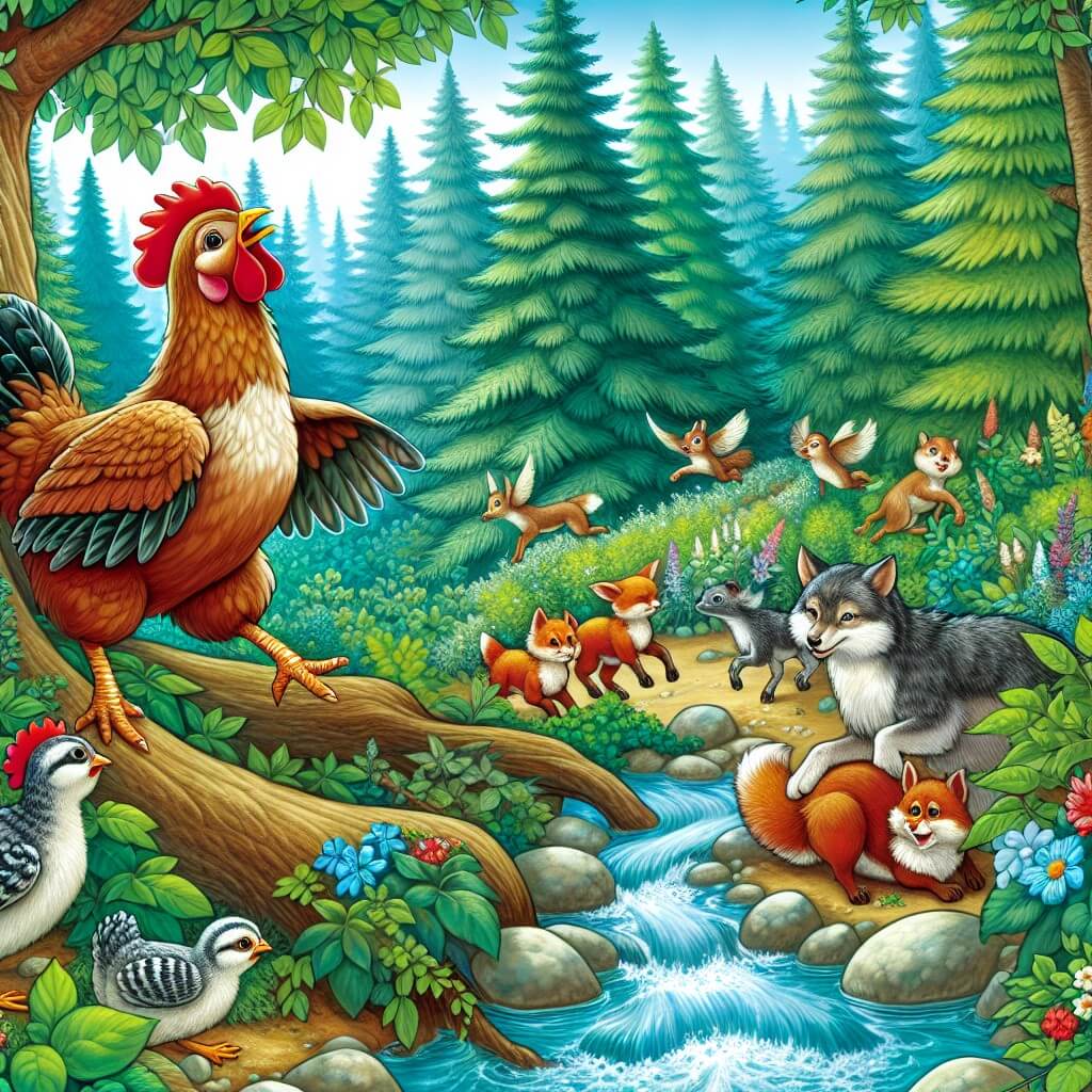 Une illustration destinée aux enfants représentant une poule audacieuse, qui s'aventure hors de son poulailler, rencontre des animaux en détresse et explore un magnifique et dense boisé enchanté, avec des arbres majestueux, des fleurs colorées et un ruisseau cristallin.