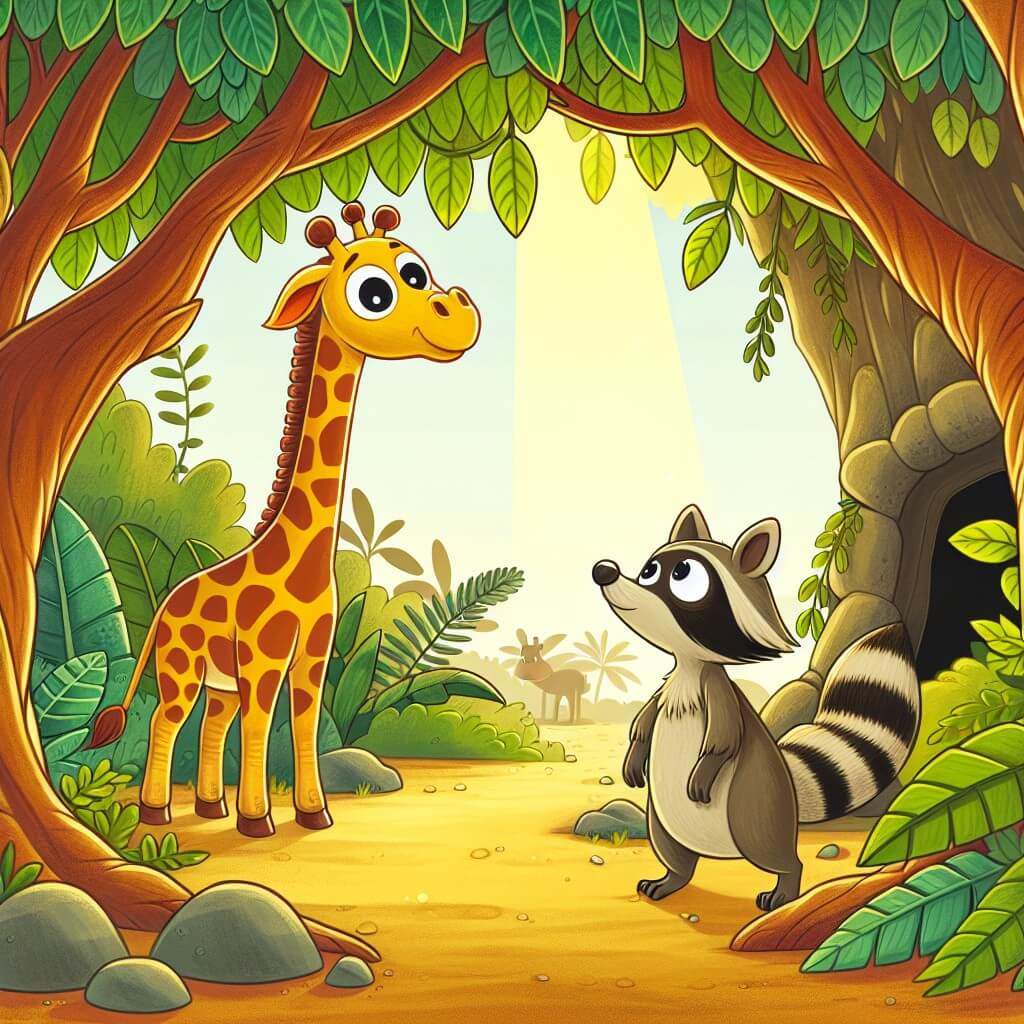 Une illustration destinée aux enfants représentant une girafe curieuse se tenant au milieu d'une luxuriante jungle africaine, tandis qu'un mystérieux petit raton l'observe avec attention, près d'une grotte éclairée par la lumière filtrant à travers les feuilles des arbres.