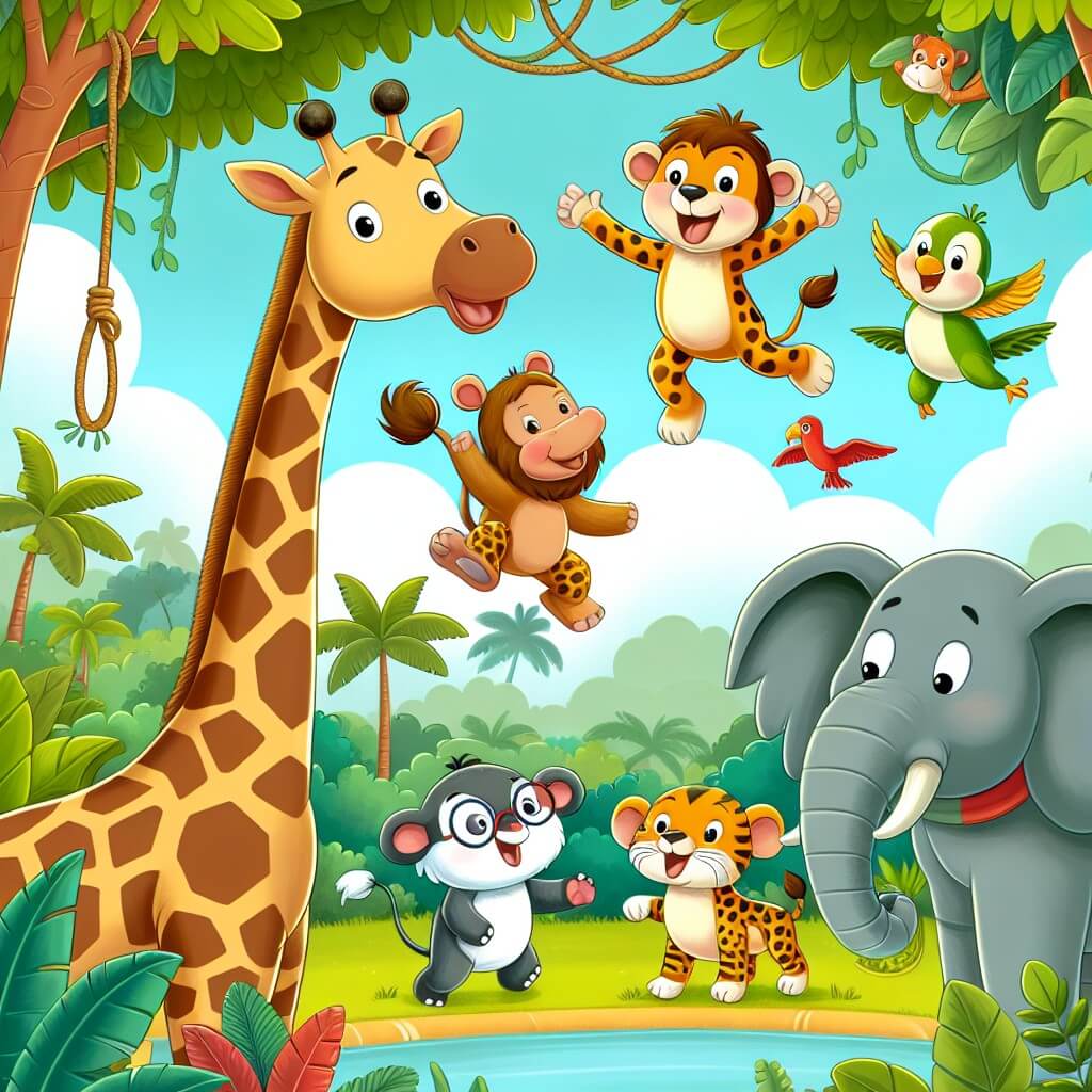 Une illustration destinée aux enfants représentant une girafe pleine de vie qui organise une compétition de sauts acrobatiques pour tous les animaux de la jungle, avec la présence d'un éléphant sage et d'une luxuriante forêt tropicale en arrière-plan.